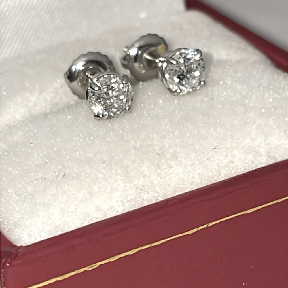 Solid Stamped 14K White Gold Natural 1.00CTW Diamond Stud Earrings Screw Backs - Picture 12 of 14